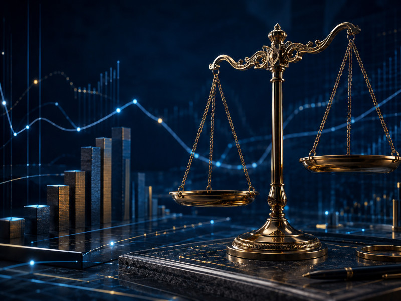 Balança da justiça com dados e métricas